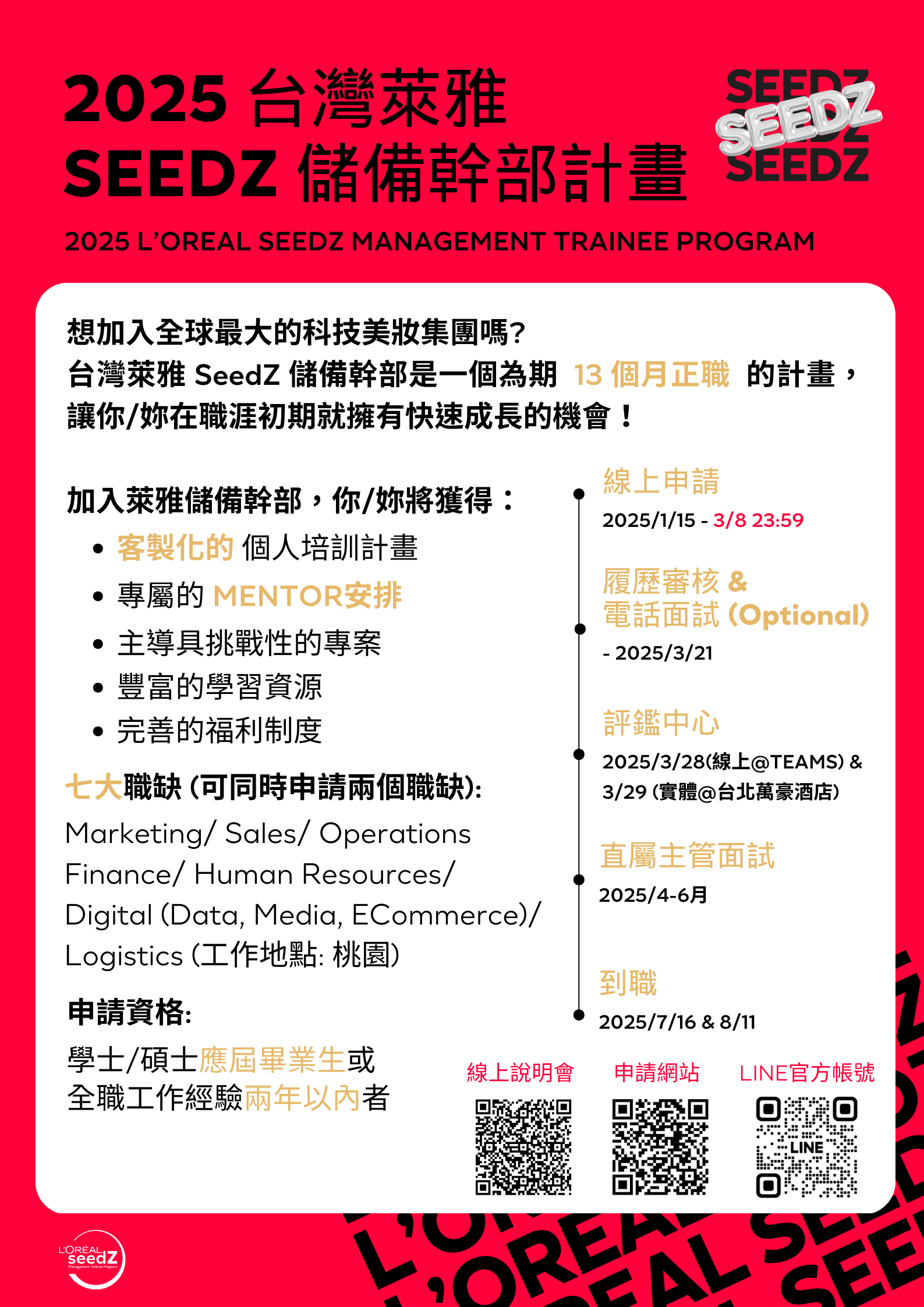  L’Oréal Taiwan 台灣萊雅 2025 SeedZ 儲備幹部徵才計畫